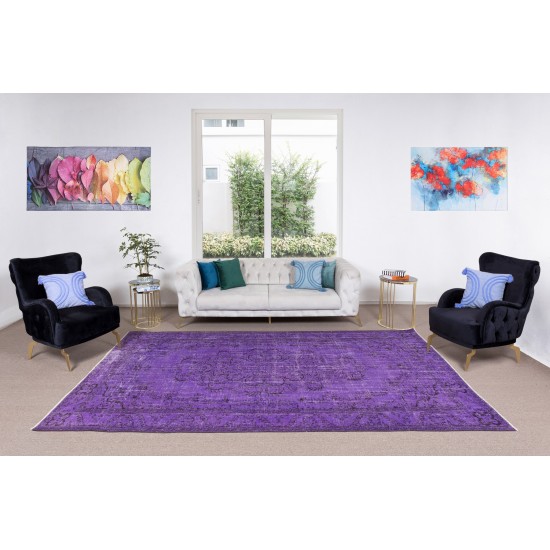 Contemporary Handmade Turkish Vintage Rug Over-Dyed in Purple Color