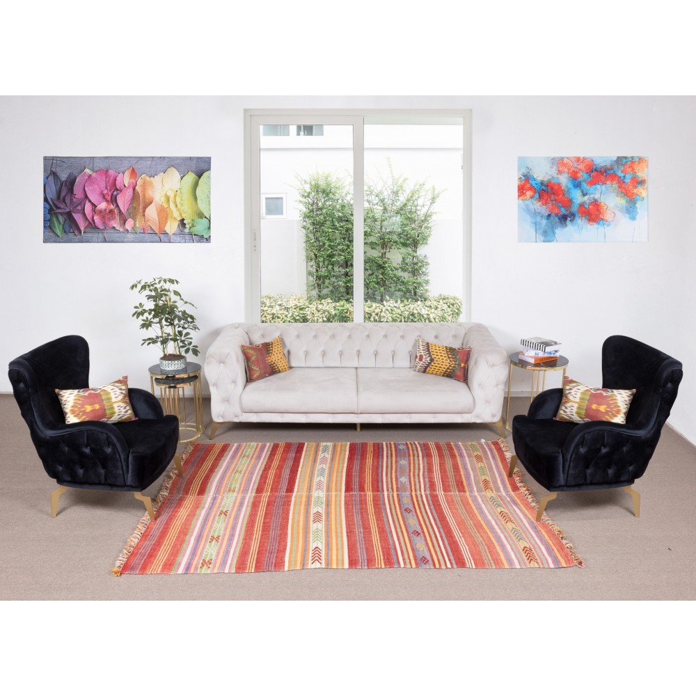 Handmade Stripe Patterned Vintage Turkish Kilim Rug Made of Wool, Reversible