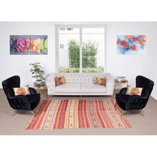 Handmade Striped Patterned Vintage Turkish Kilim Rug Made of Wool, Reversible Handmade Striped Patterned Vintage Turkish Kilim Rug Made of Wool, Reversible