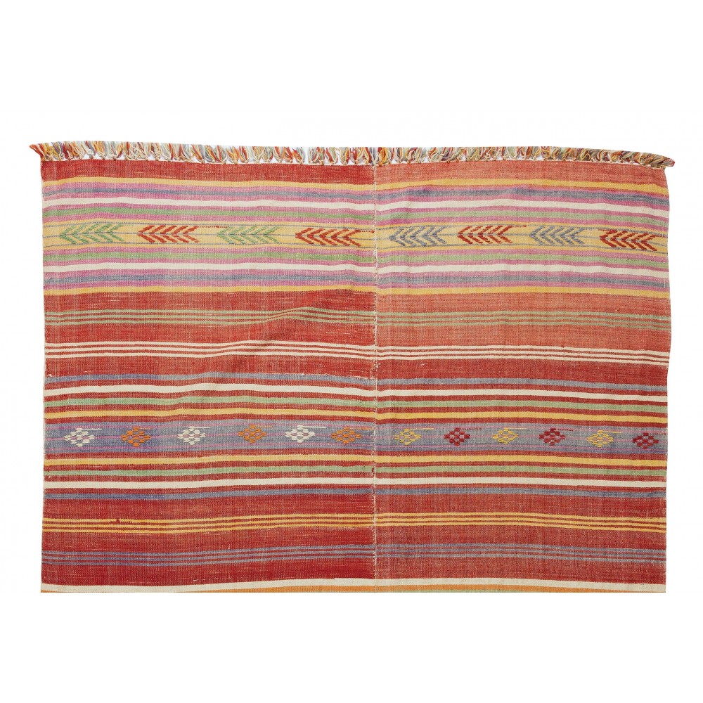 Handmade Stripe Patterned Vintage Turkish Kilim Rug Made of Wool, Reversible
