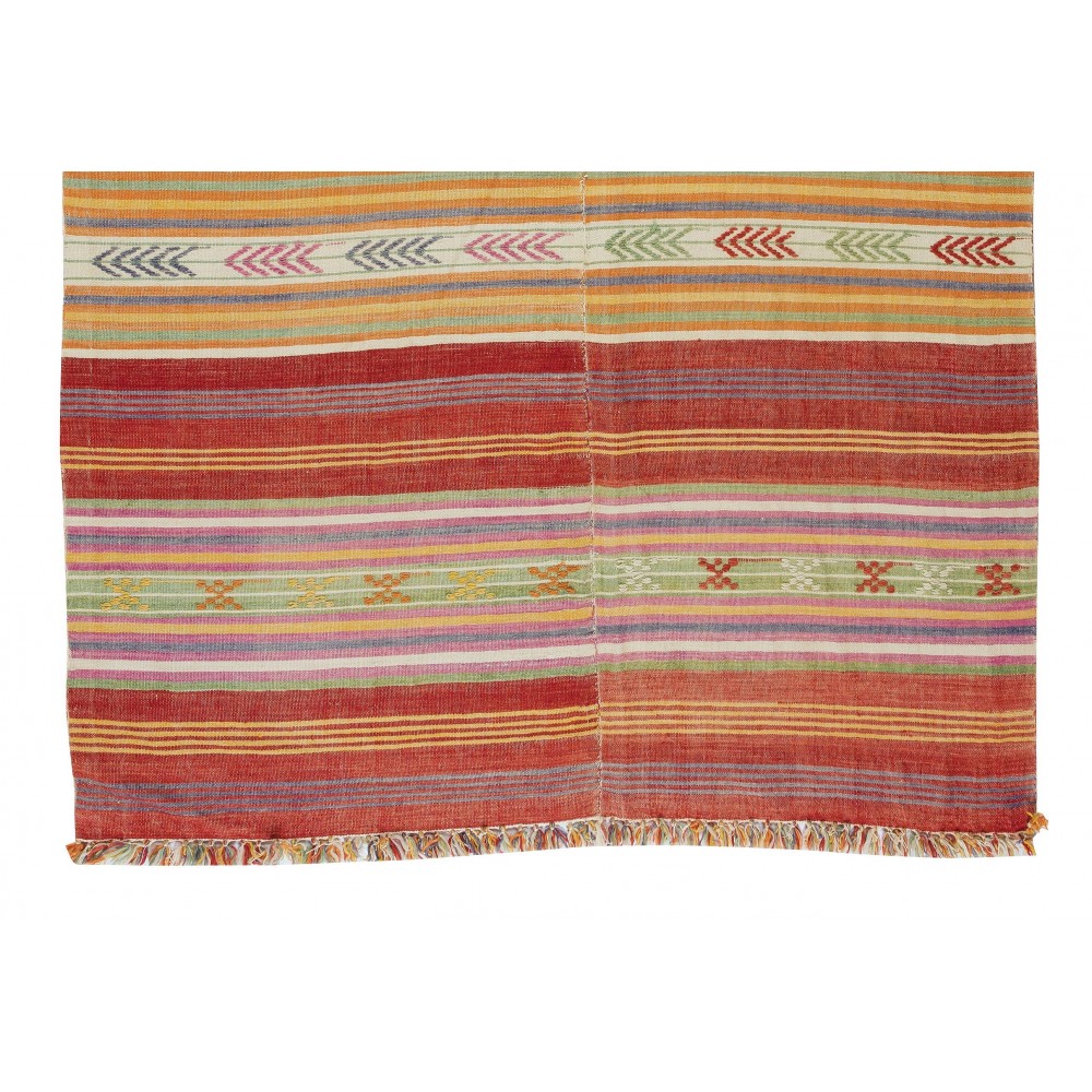 Handmade Stripe Patterned Vintage Turkish Kilim Rug Made of Wool, Reversible