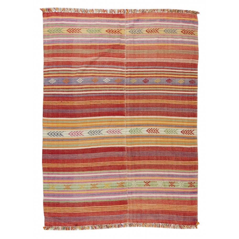 Handmade Stripe Patterned Vintage Turkish Kilim Rug Made of Wool, Reversible