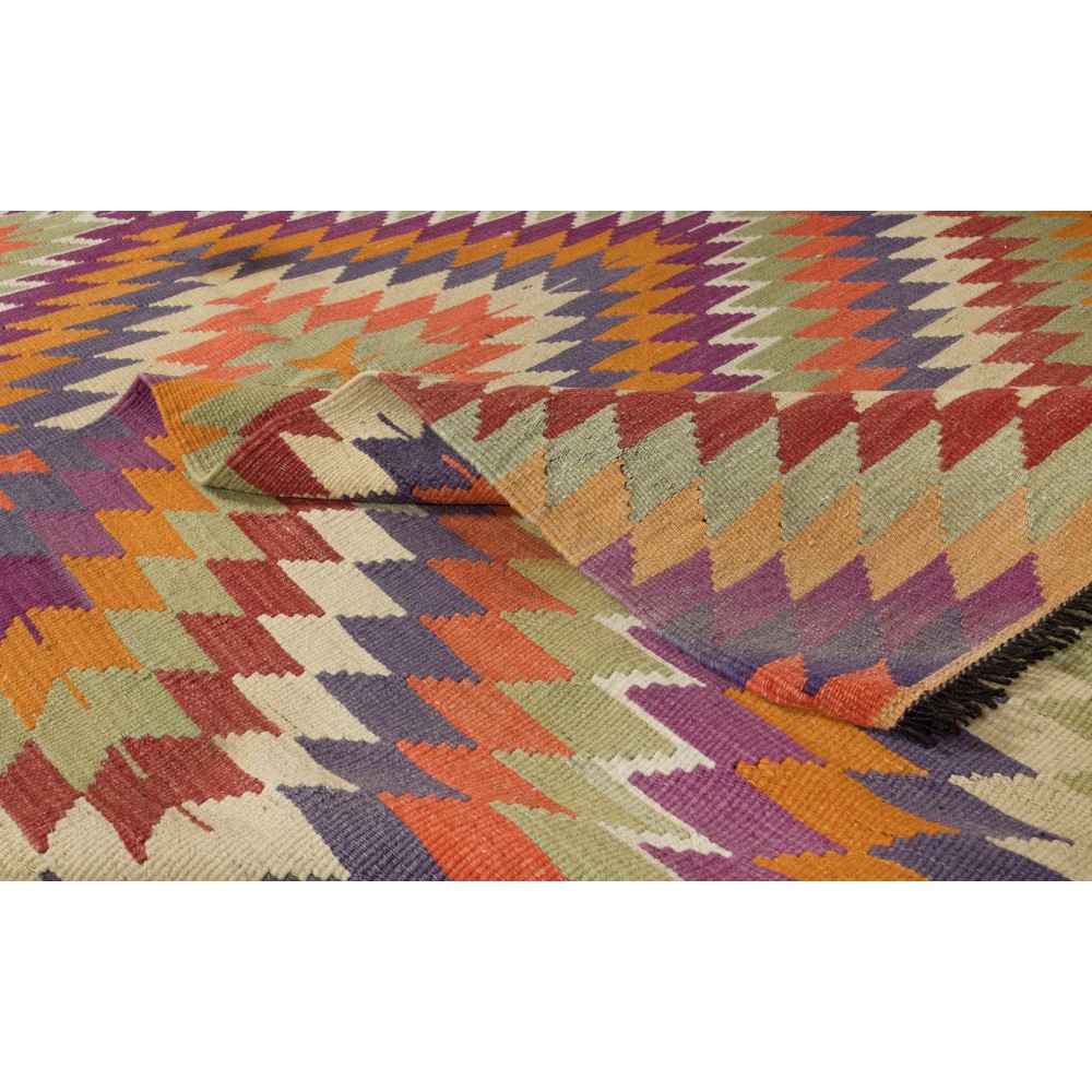 Multicolored Handmade Turkish Wool Kilim, One of a Kind Flat-Weave Rug, Floor Covering