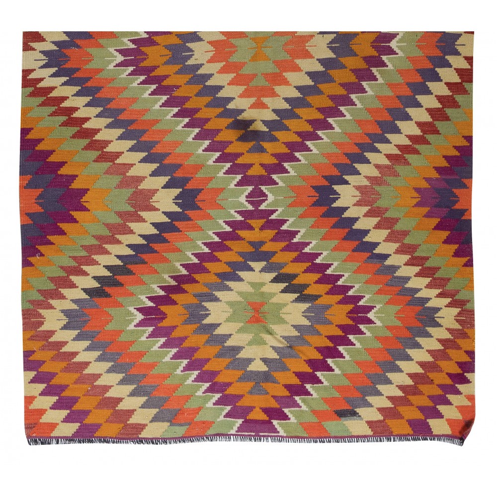 Multicolored Handmade Turkish Wool Kilim, One of a Kind Flat-Weave Rug, Floor Covering