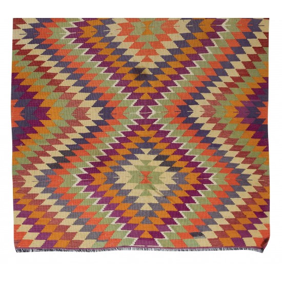 Multicolored Handmade Turkish Wool Kilim, One of a Kind Flat-Weave Rug, Floor Covering