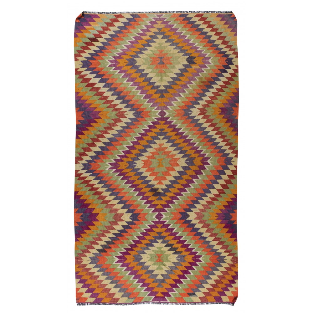 Multicolored Handmade Turkish Wool Kilim, One of a Kind Flat-Weave Rug, Floor Covering