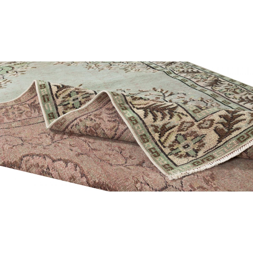 Old Handmade Turkish Wool Area Rug in Mint Green, Beige, Brown and Mauve