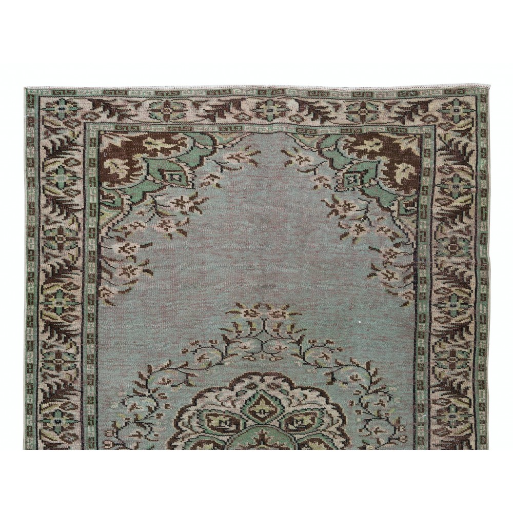 Old Handmade Turkish Wool Area Rug in Mint Green, Beige, Brown and Mauve