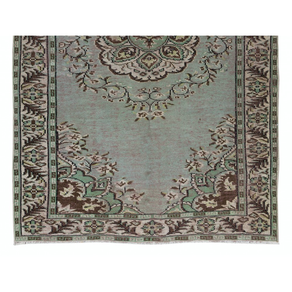 Old Handmade Turkish Wool Area Rug in Mint Green, Beige, Brown and Mauve