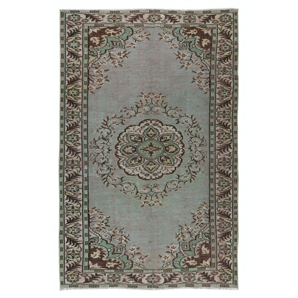 Old Handmade Turkish Wool Area Rug in Mint Green, Beige, Brown and Mauve