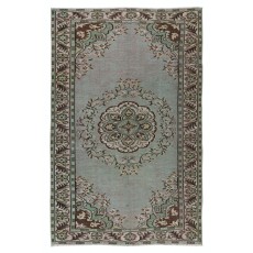 Old Handmade Turkish Wool Area Rug in Mint Green, Beige, Brown and Mauve