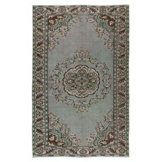 Old Handmade Turkish Wool Area Rug in Mint Green, Beige, Brown and Mauve