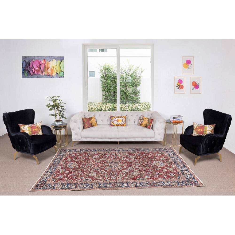 Flower Pattern Vintage Hand Knotted Anatolian Wool Area Rug for Office & Home Decor