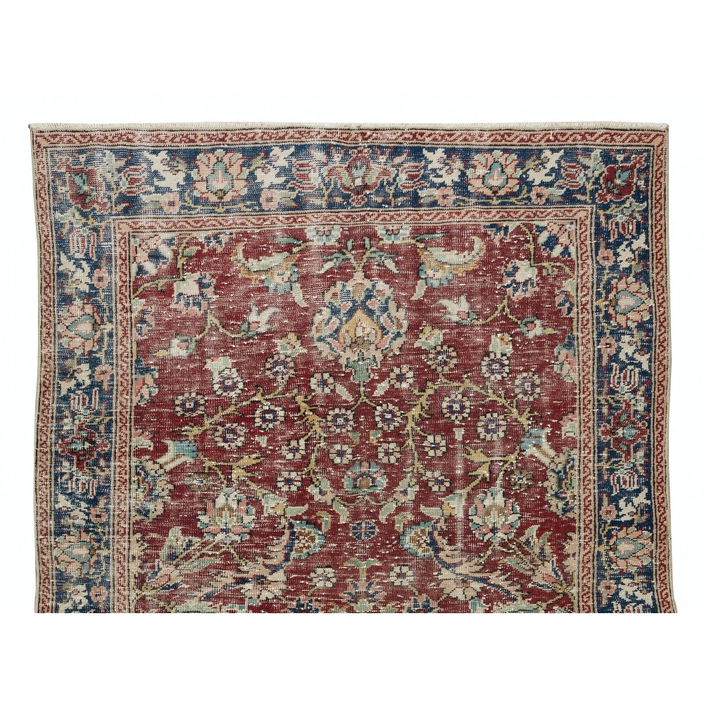 Flower Pattern Vintage Hand Knotted Anatolian Wool Area Rug for Office & Home Decor