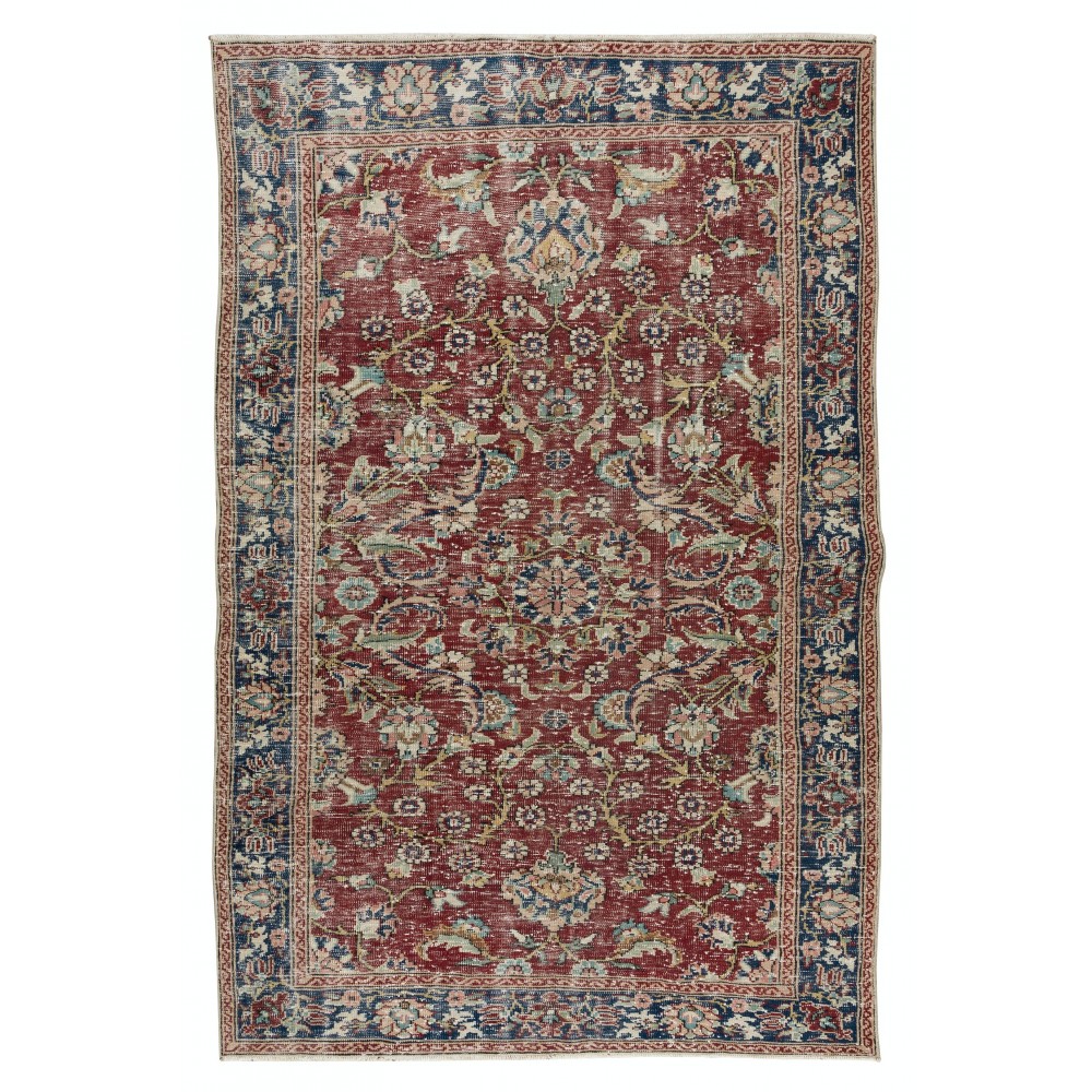 Flower Pattern Vintage Hand Knotted Anatolian Wool Area Rug for Office & Home Decor