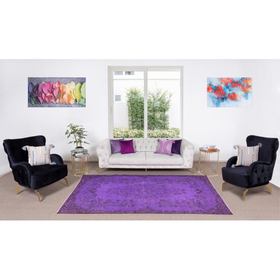 Contemporary Handmade Turkish Vintage Rug Over-Dyed in Purple Color