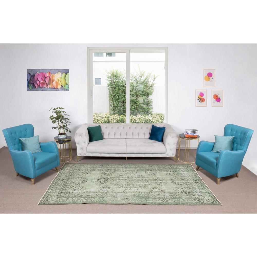 Living Room Decor Rug, Authentic Light Green Over-Dyed Turkish Hand Knotted Carpet