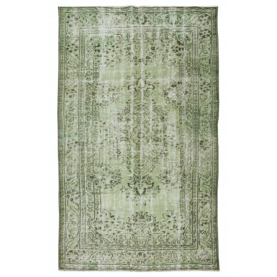 Living Room Decor Rug, Authentic Light Green Over-Dyed Turkish Hand Knotted Carpet