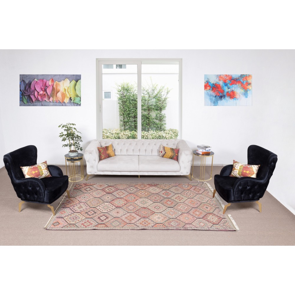 Vintage Turkish Jijim Kilim Rug, One of a Kind Hand-Woven Jajim Carpet Made of Wool