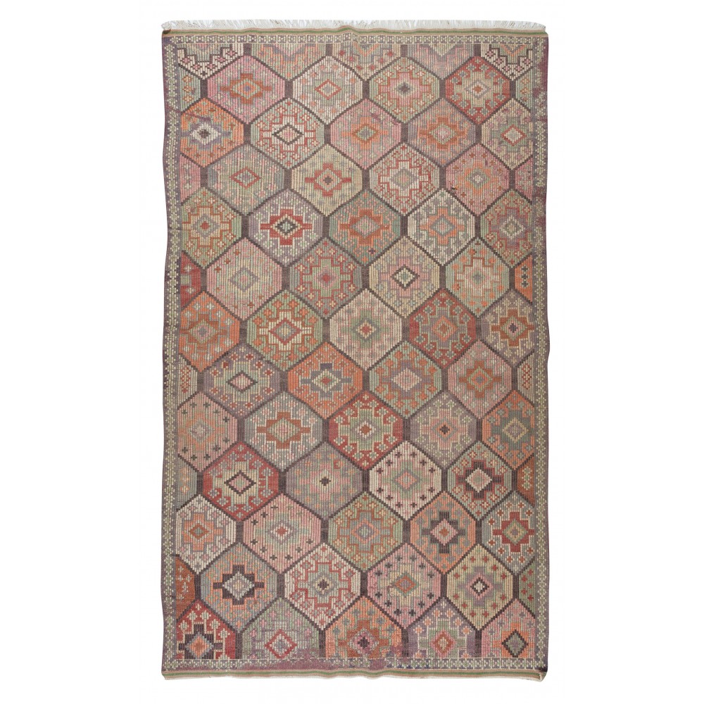 Vintage Turkish Jijim Kilim Rug, One of a Kind Hand-Woven Jajim Carpet Made of Wool