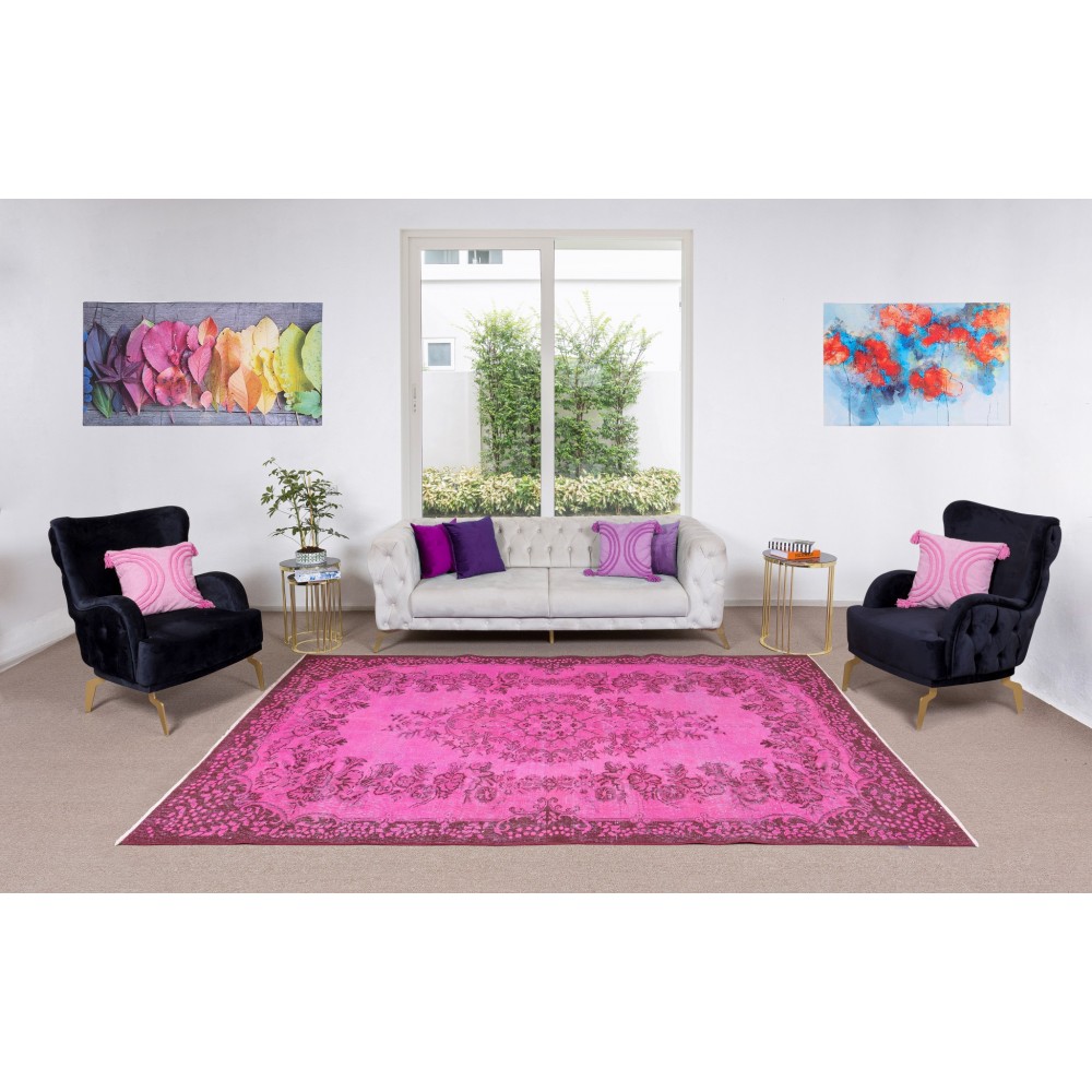 Modern Hand-Made Turkish Vintage Rug Over-Dyed in Pink with Floral Medallion Design