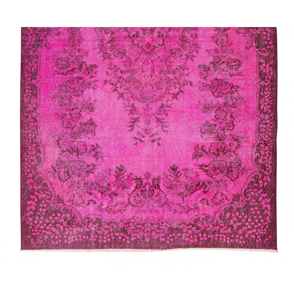 Modern Hand-Made Turkish Vintage Rug Over-Dyed in Pink with Floral Medallion Design
