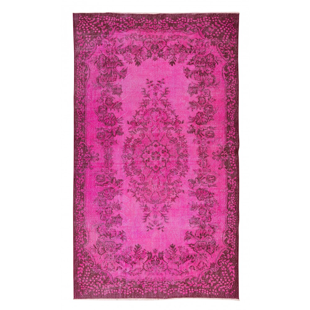 Modern Hand-Made Turkish Vintage Rug Over-Dyed in Pink with Floral Medallion Design