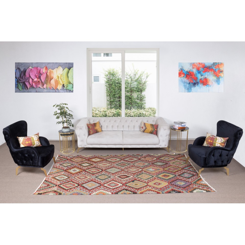 Multicolored Handmade Turkish Wool Kilim, One of a Kind Flat-Weave Rug, Floor Covering