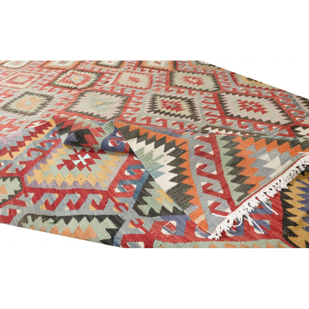 Multicolored Handmade Turkish Wool Kilim, One of a Kind Flat-Weave Rug, Floor Covering
