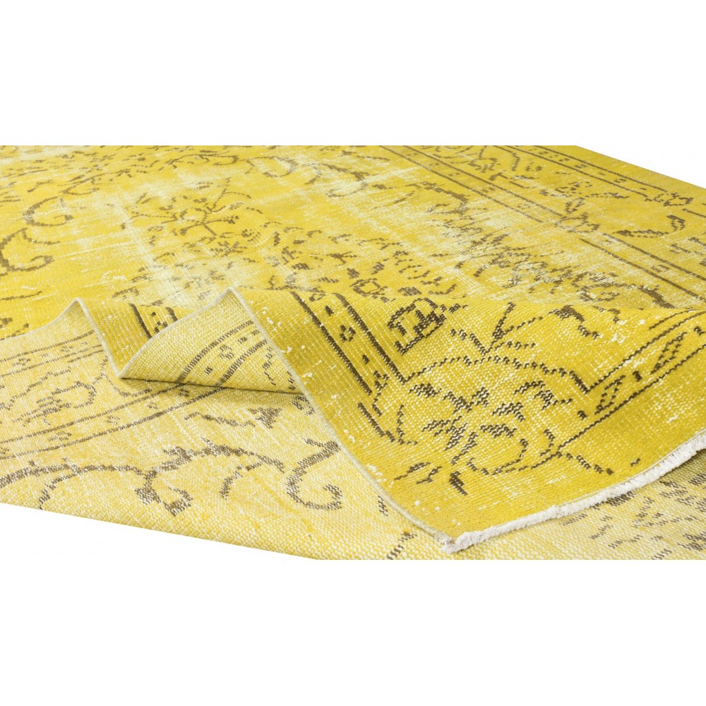 Hand Knotted Yellow Overdyed Wool Rug, Vintage Authentic Carpet From Turkey