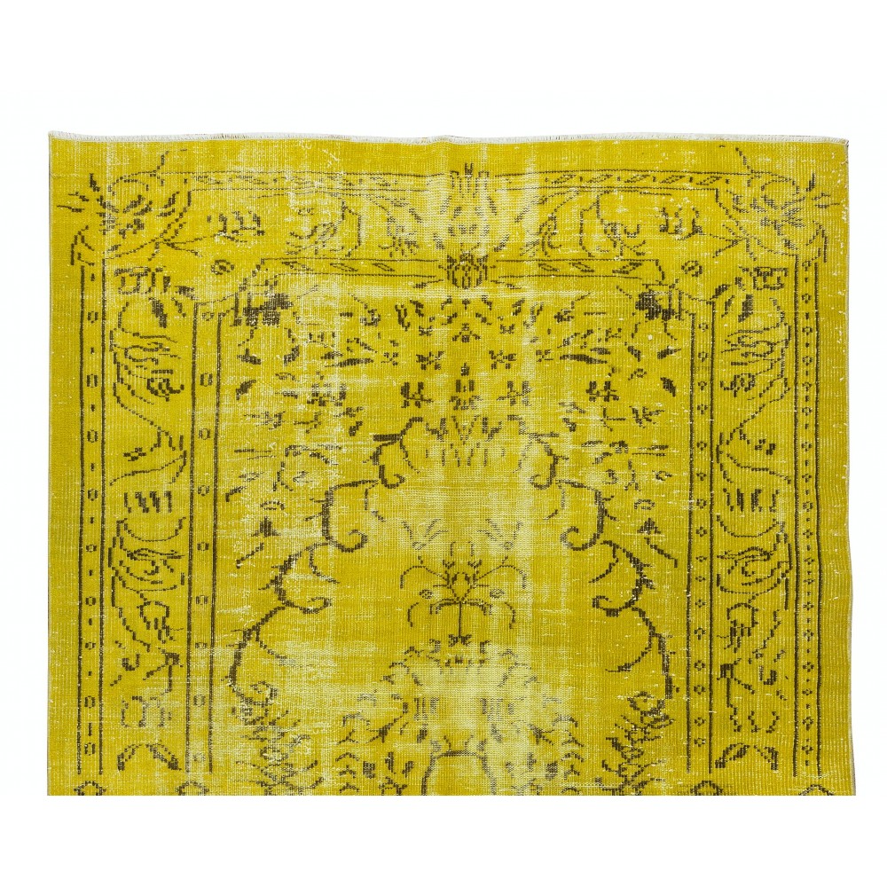Hand Knotted Yellow Overdyed Wool Rug, Vintage Authentic Carpet From Turkey