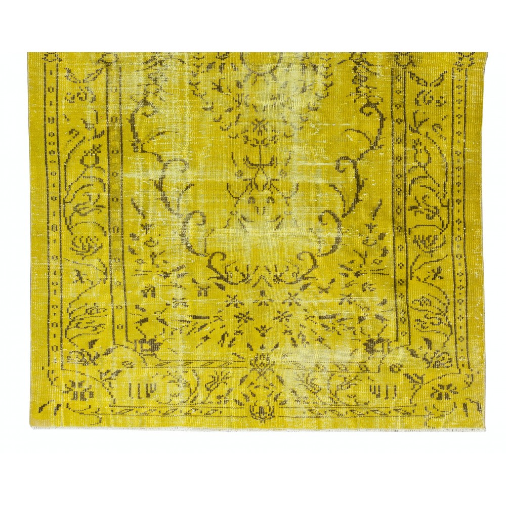 Hand Knotted Yellow Overdyed Wool Rug, Vintage Authentic Carpet From Turkey