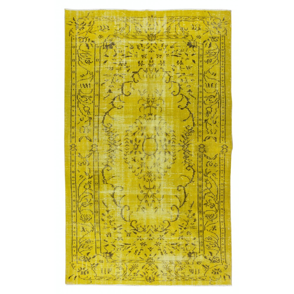 Hand Knotted Yellow Overdyed Wool Rug, Vintage Authentic Carpet From Turkey