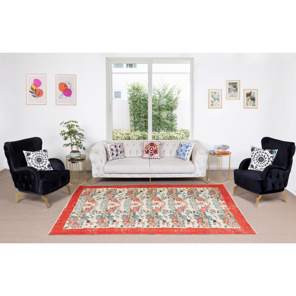 Handmade Floral Pattern Anatolian Area Rug with Red Border