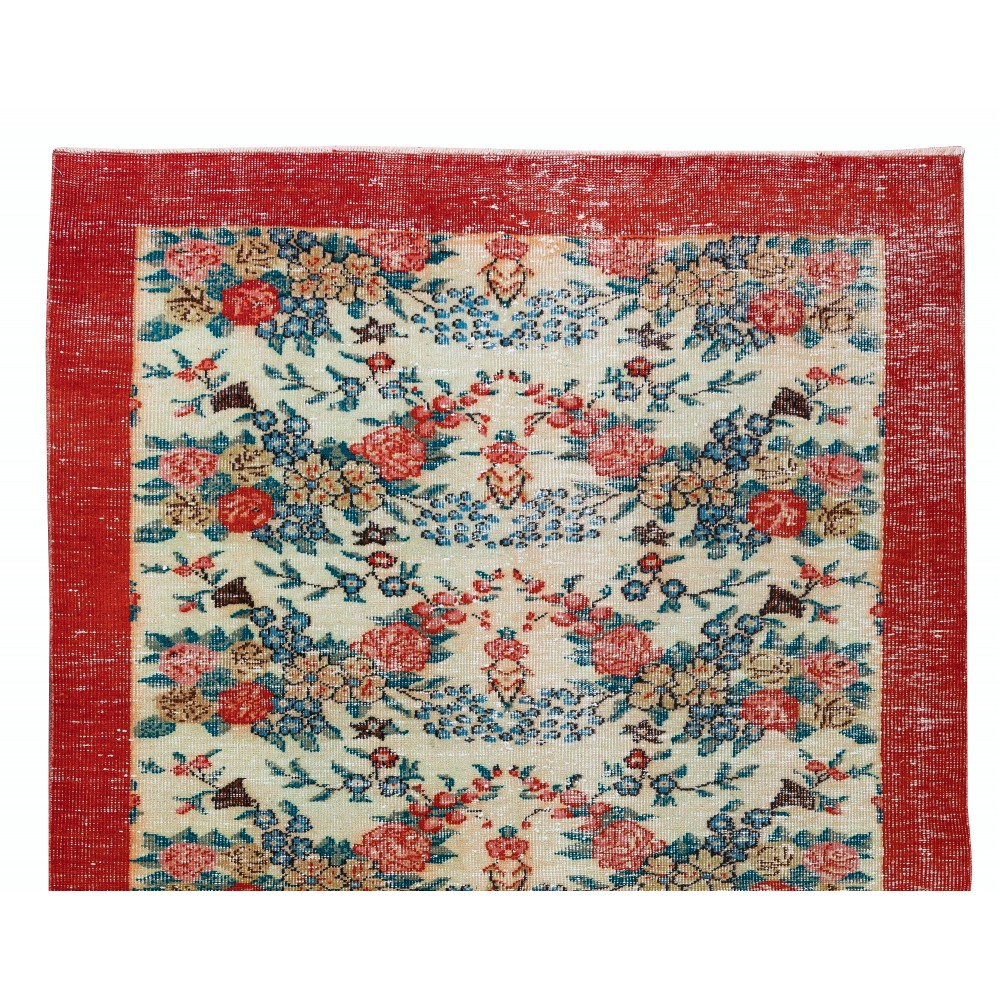 Handmade Floral Pattern Anatolian Area Rug with Red Border
