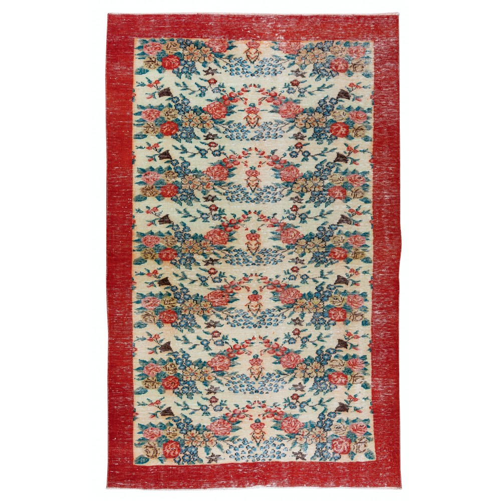 Handmade Floral Pattern Anatolian Area Rug with Red Border