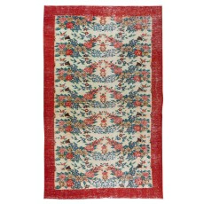 Handmade Floral Pattern Anatolian Area Rug with Red Border
