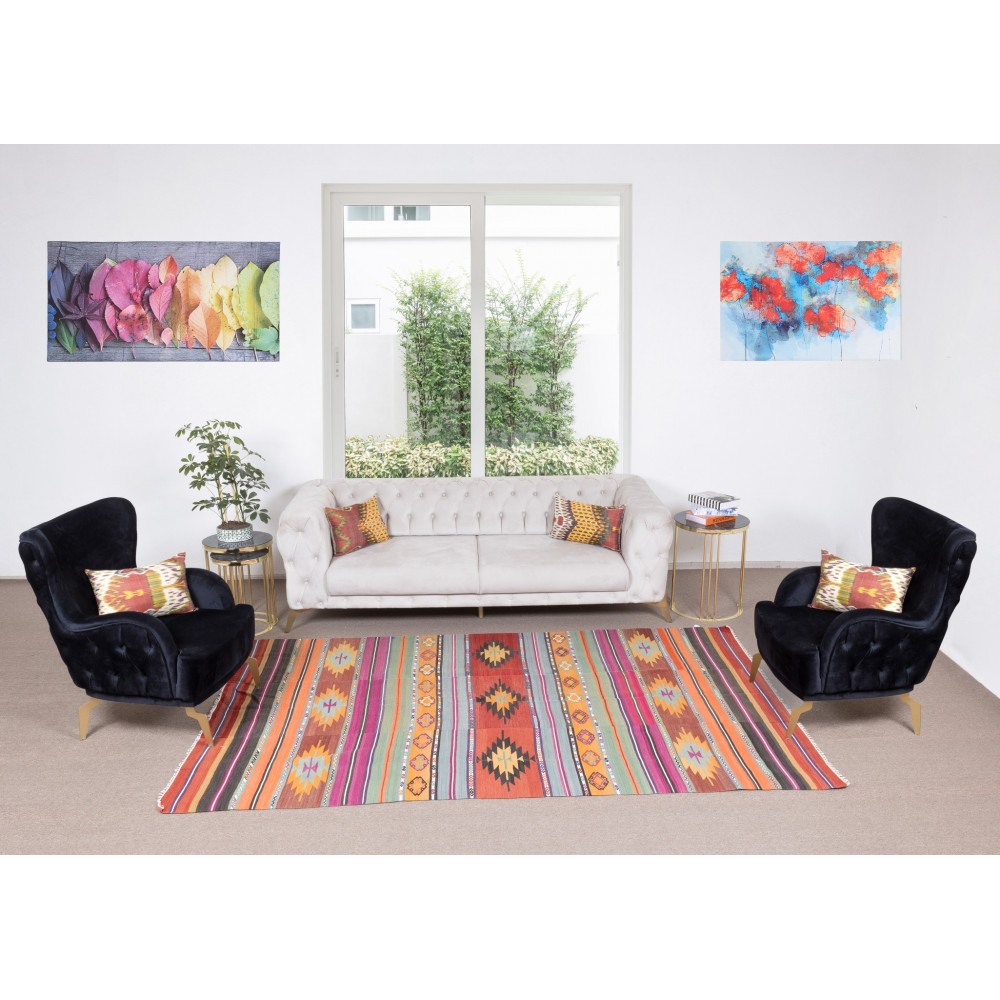 Vintage Turkish Hand Woven Kilim, Geometric & Striped Rug Made of 100% Wool