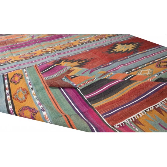 Turkish Vintage Hand Woven Kilim, Geometric & Striped Rug Made of 100% Wool Turkish Vintage Hand Woven Kilim, Geometric & Striped Rug Made of 100% Wool
