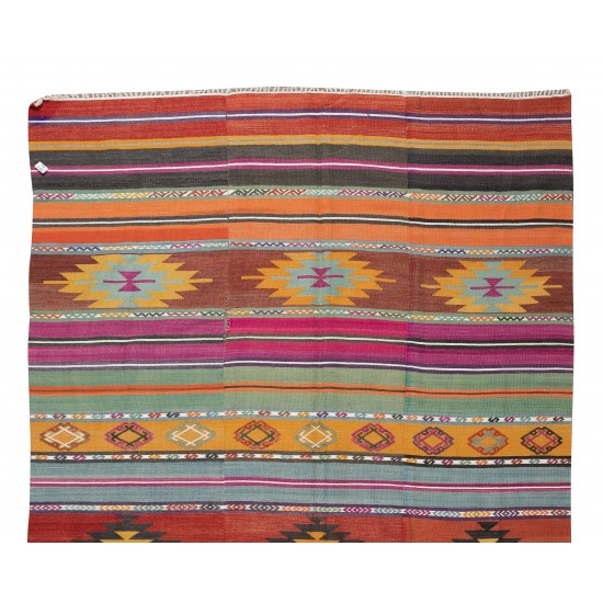 Turkish Vintage Hand Woven Kilim, Geometric & Striped Rug Made of 100% Wool Turkish Vintage Hand Woven Kilim, Geometric & Striped Rug Made of 100% Wool