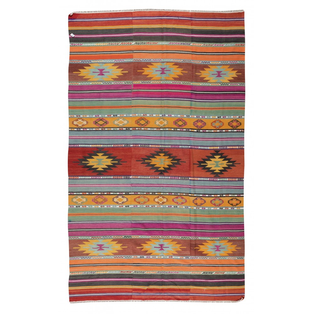 Vintage Turkish Hand Woven Kilim, Geometric & Striped Rug Made of 100% Wool