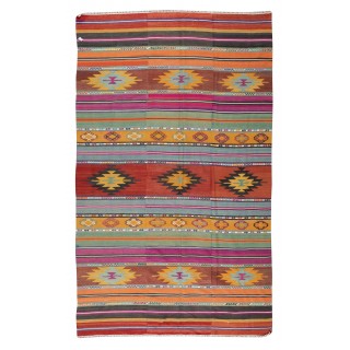 Vintage Turkish Hand Woven Kilim, Geometric & Striped Rug Made of 100% Wool