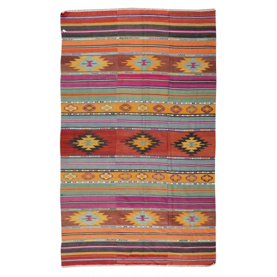 Turkish Vintage Hand Woven Kilim, Geometric & Striped Rug Made of 100% Wool