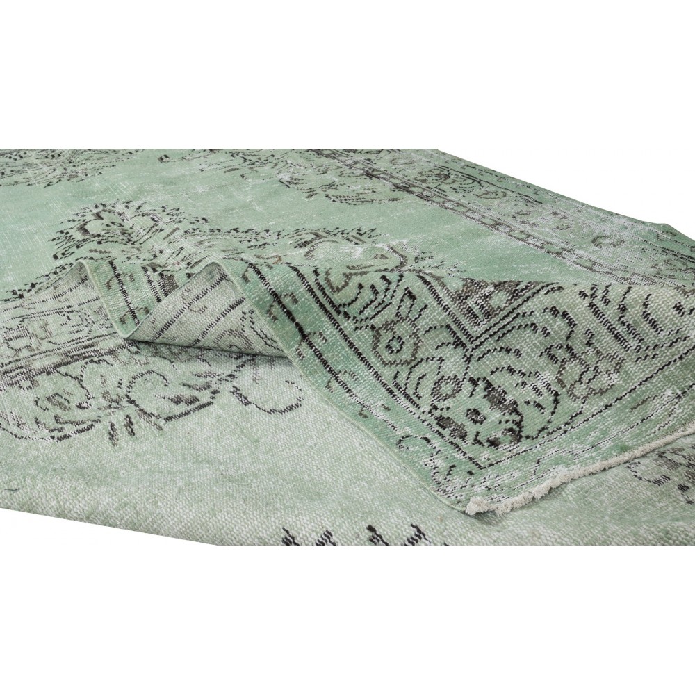 Green Over-Dyed Floor Rug, Hand Knotted Turkish Vintage Wool Carpet for Modern Interiors