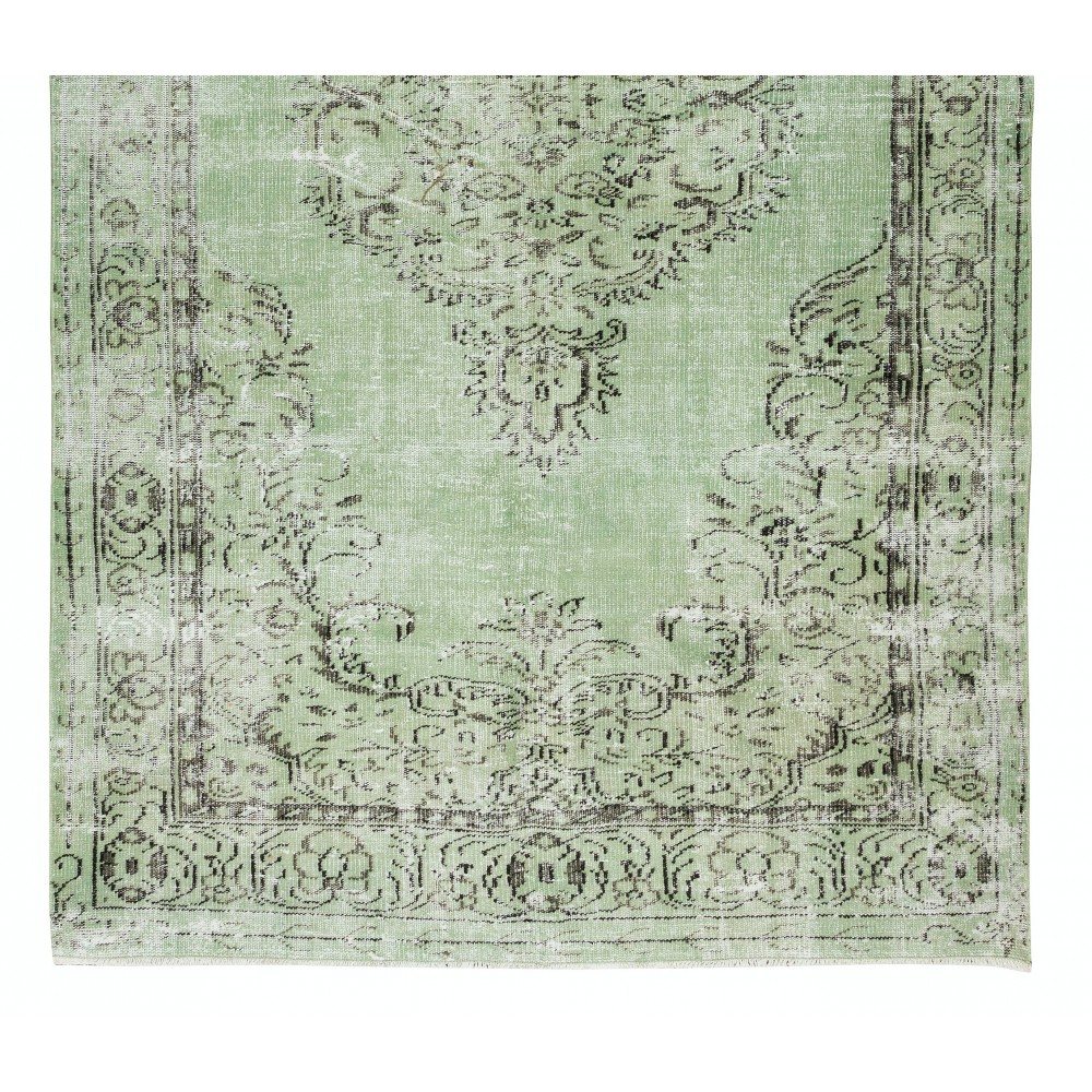 Green Over-Dyed Floor Rug, Hand Knotted Turkish Vintage Wool Carpet for Modern Interiors