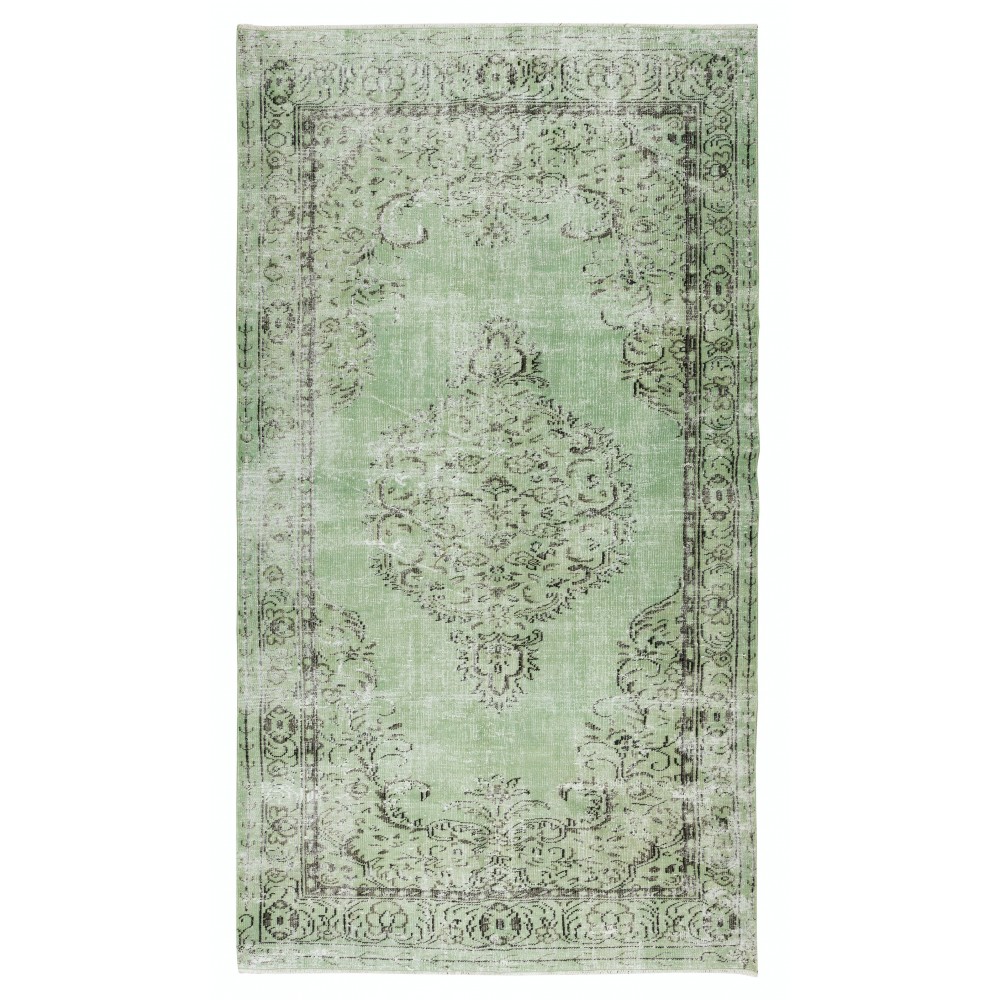 Green Over-Dyed Floor Rug, Hand Knotted Turkish Vintage Wool Carpet for Modern Interiors