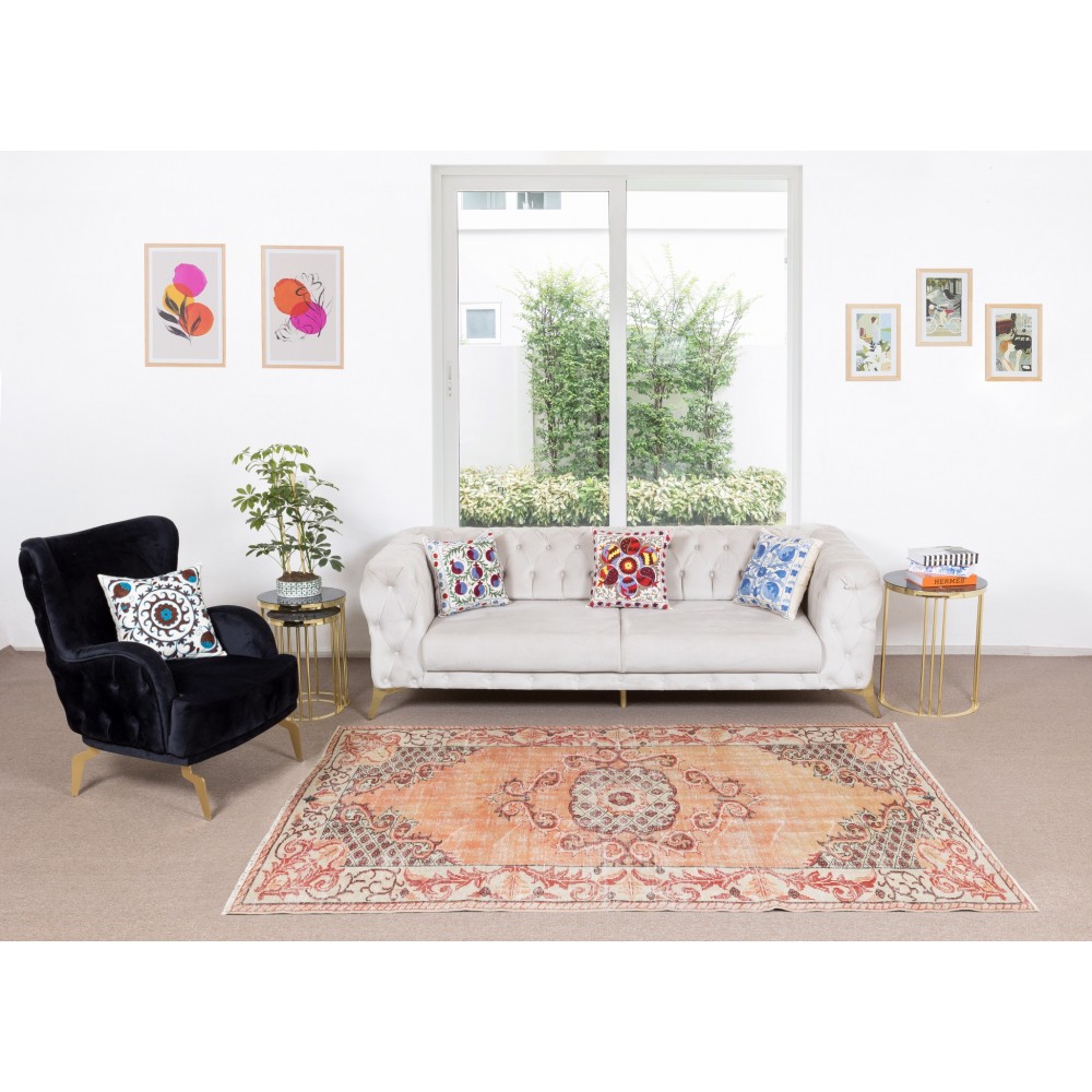 Hand Knotted Orange Overdyed Rug, Vintage Authentic Wool Carpet From Turkey