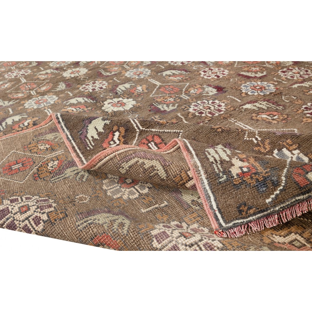 Vintage Handmade Floral Patterned Turkish Area Rug in Brown Color. 100% Wool