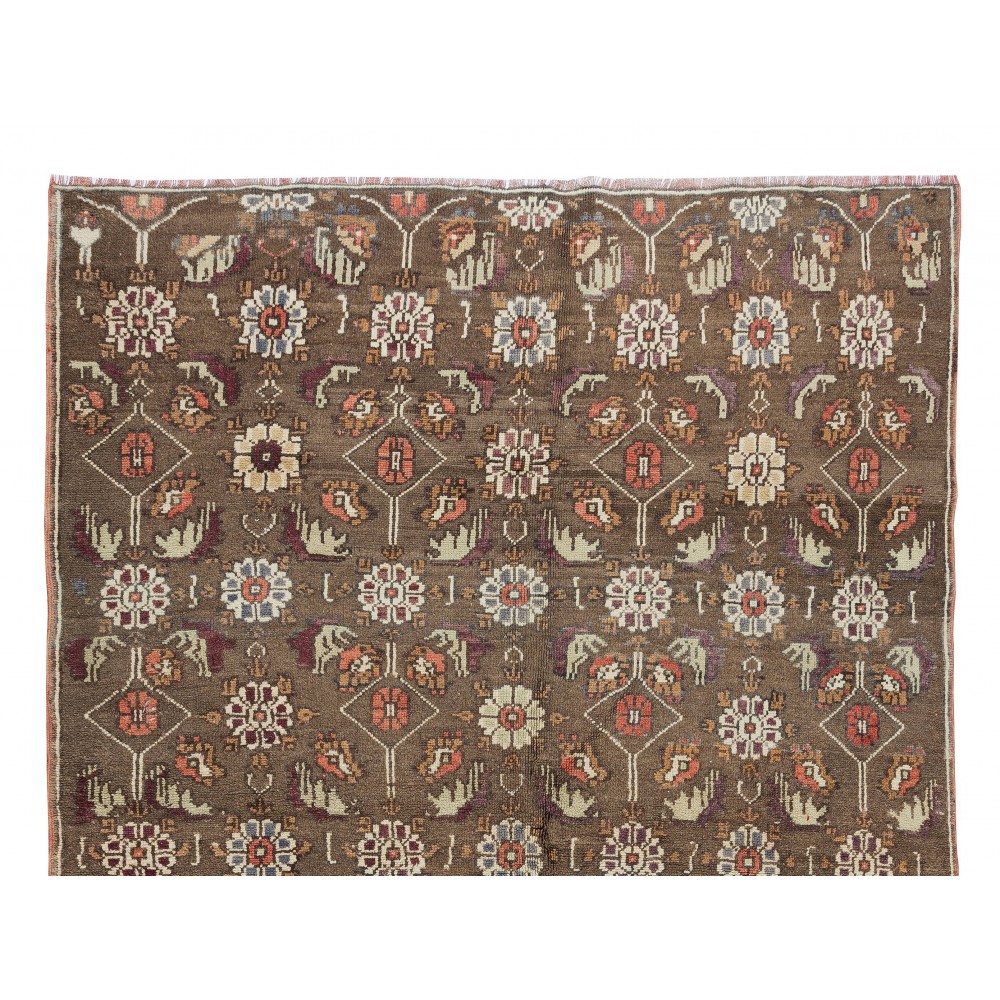 Vintage Handmade Floral Patterned Turkish Area Rug in Brown Color. 100% Wool