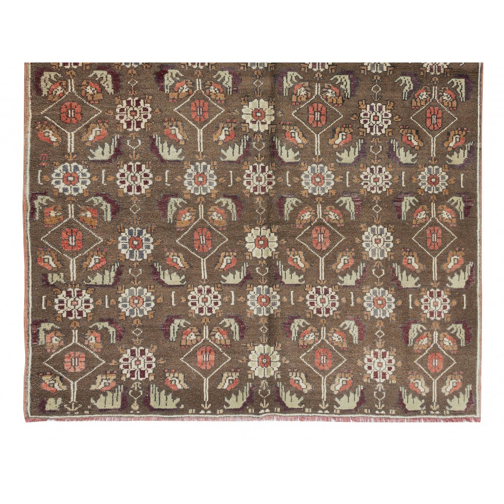 Vintage Handmade Floral Patterned Turkish Area Rug in Brown Color. 100% Wool